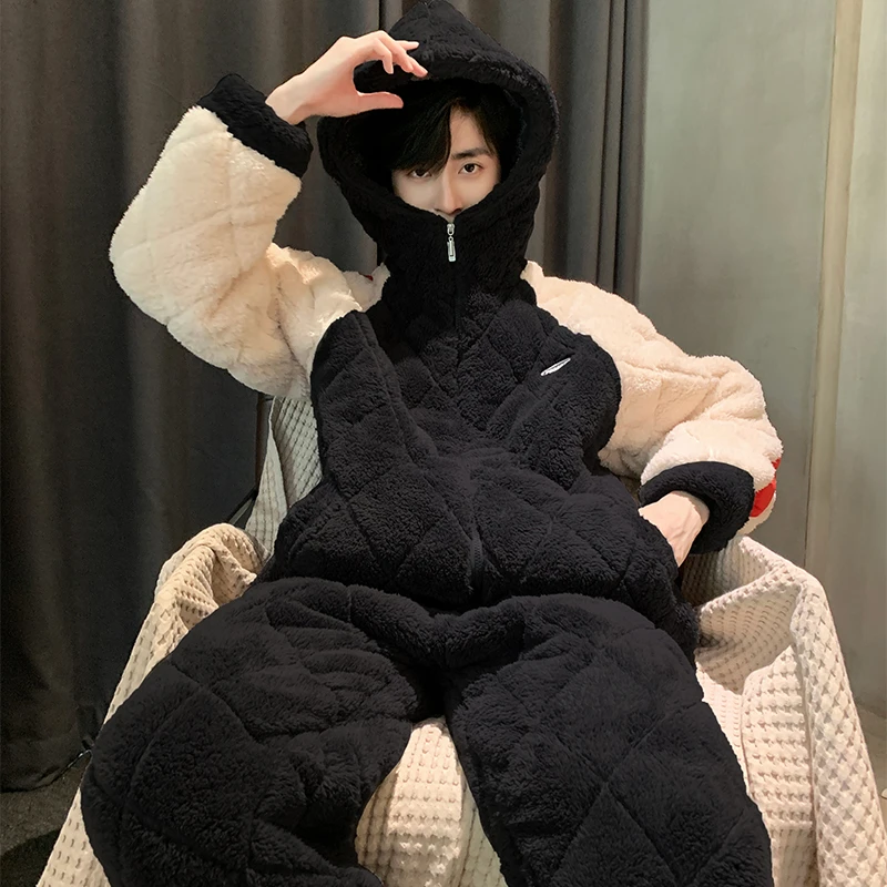 冬季夹棉男士睡衣加绒加厚保暖法兰绒拉链休闲可外穿家居服套装男