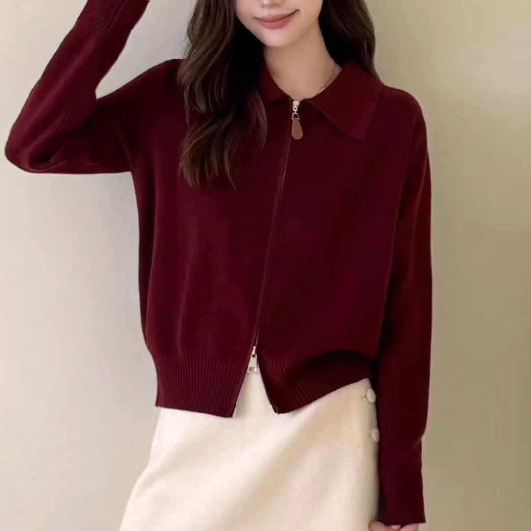 秋冬季抗污耐脏红色女针织气质时尚短款常规款衫百搭针织翻领开衫