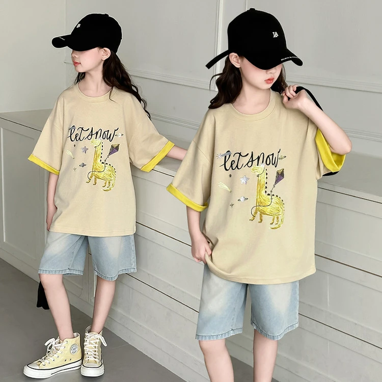 女童短袖t恤夏季2025新款儿童女孩中大童洋气套装上衣半袖薄韩版