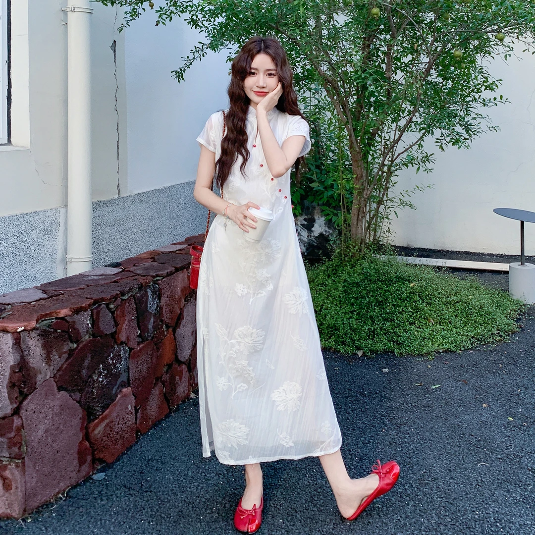 雅白色新中式国风复古温柔风浪漫连衣裙女2025夏季新款改良旗袍裙