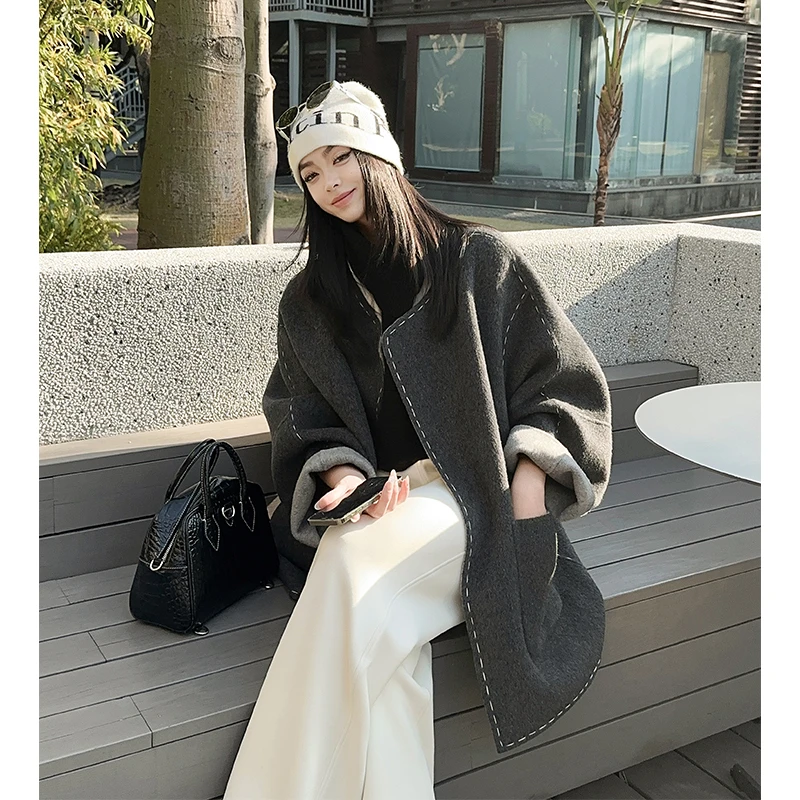 美洋MEIYANG【现货】线迹羊毛大衣 绵羊毛正反两穿撞色双面呢外套