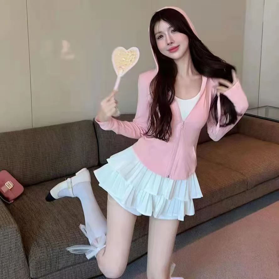 甜辣长袖防晒衣白色松紧腰辣妹高智淡人三件套气质连帽拉链修身女