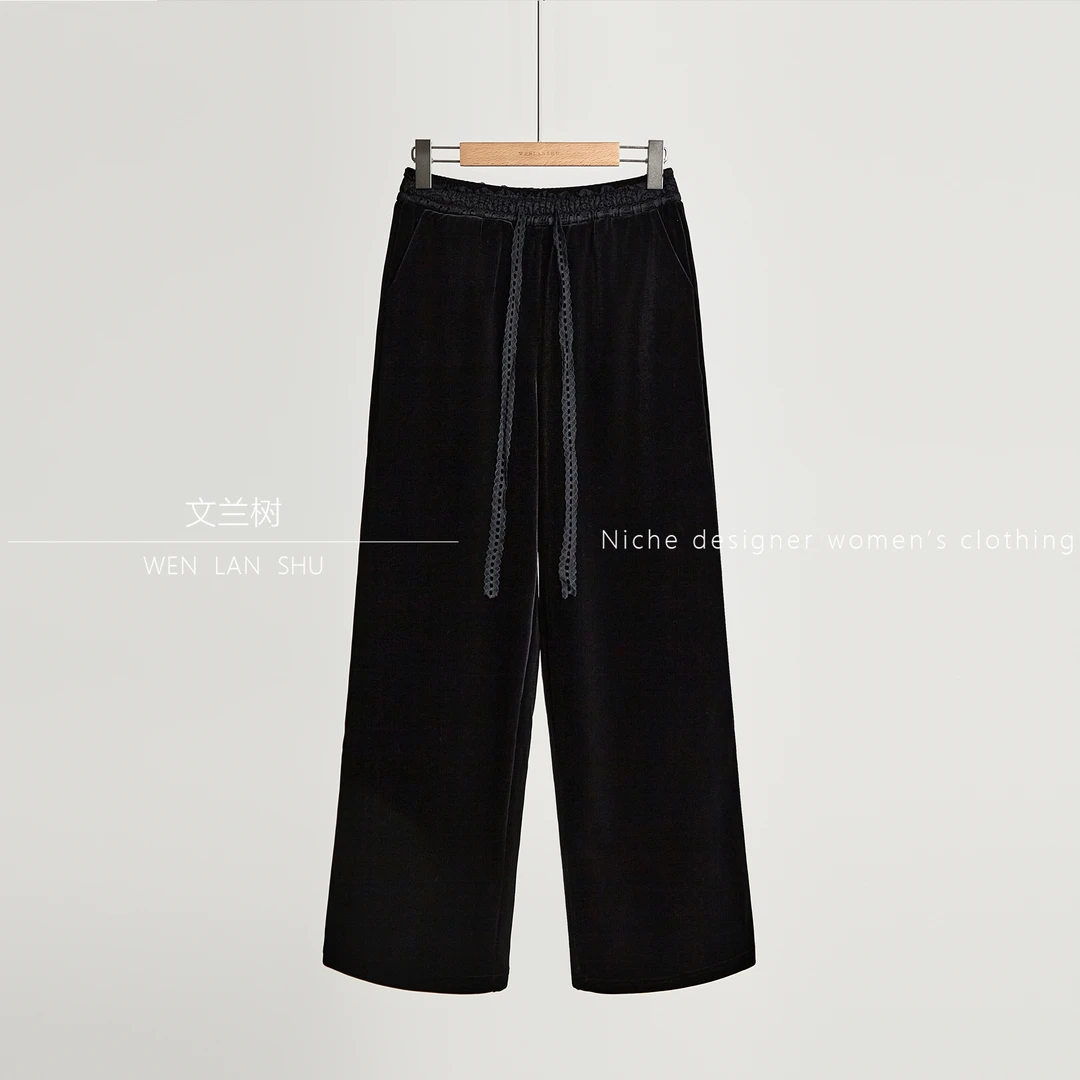 百搭极简风设计蕾丝飘绳丝绒裤秋冬加厚高腰显瘦直筒休闲阔腿裤女