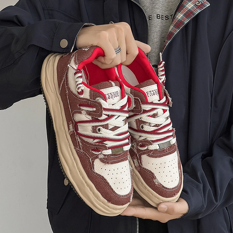 美式复古“水洗破碎牛仔”溶解鞋厚底内增高百搭休闲男士低帮板鞋