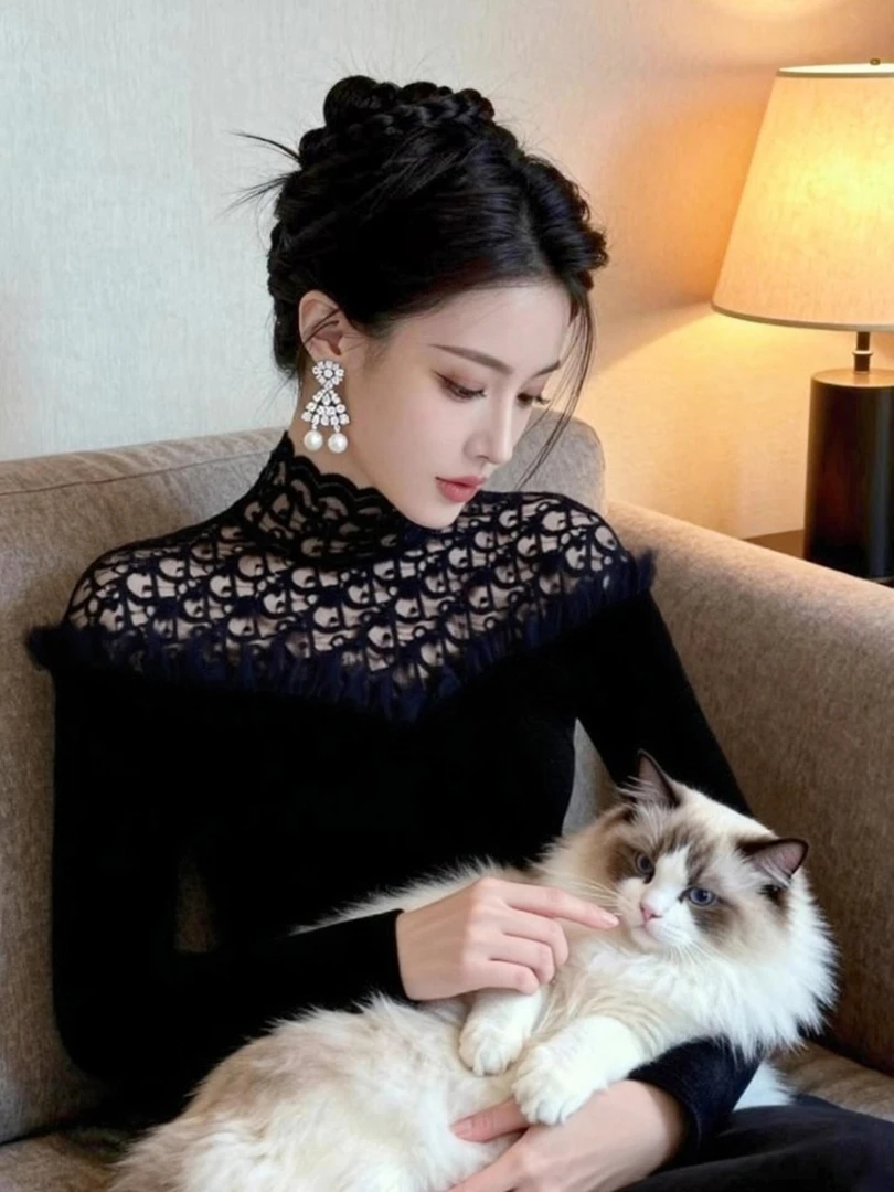 秋冬黑色蕾丝镂空半高领丝绒打底衫女内搭设计感修身显瘦长袖上衣