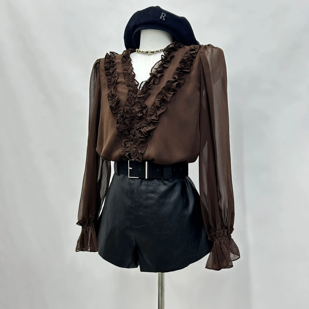 V领长袖轻职风常规木耳夏季衬衫衬衣复古显瘦秋季CX12