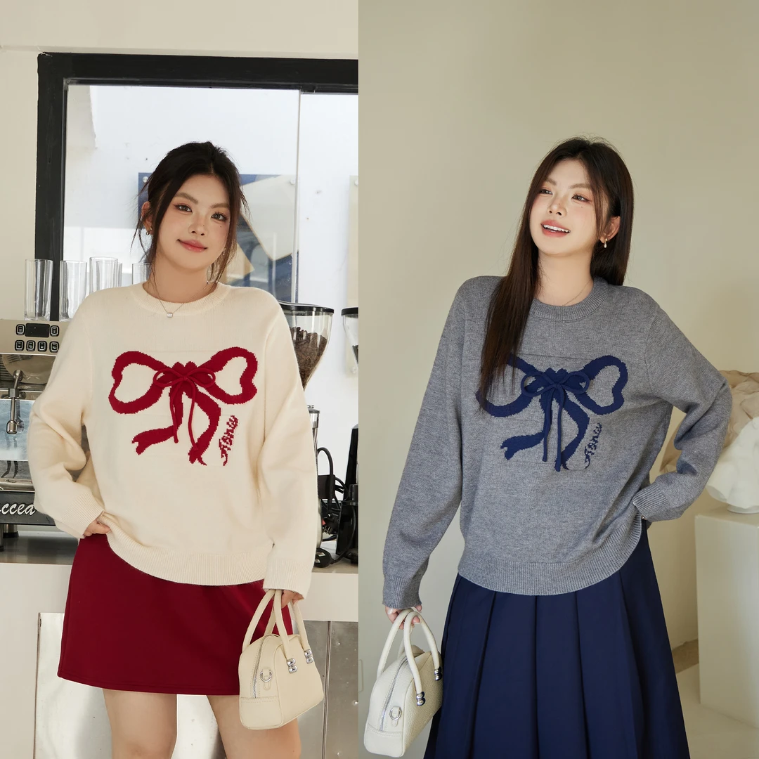 大码女装蝴蝶结软糯宽松显瘦针织长袖毛衣 3752