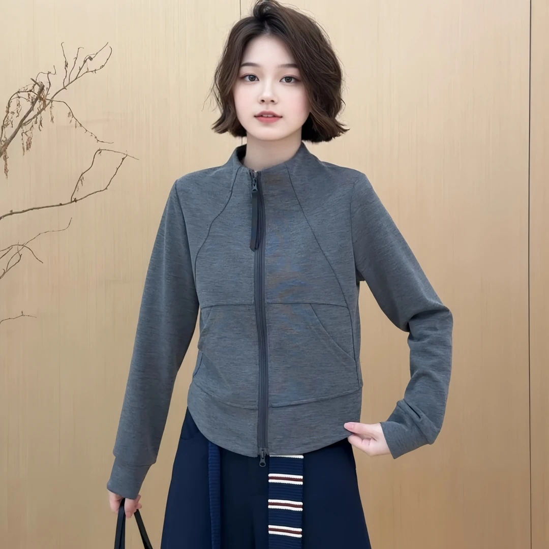 立领双拉链长袖卫衣女2025秋季大码胖MM修身显瘦美式慵懒百搭外套