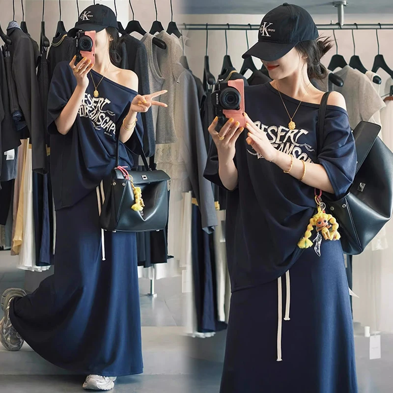 【嗒嗒】小个子2025新款夏季网红孕妇套装宽松上衣+半身裙两件套