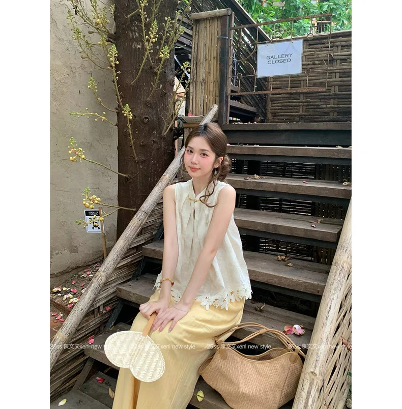 【一梨Li专属】夏季时尚女装2025新款新中式无袖上衣阔腿裤两件套