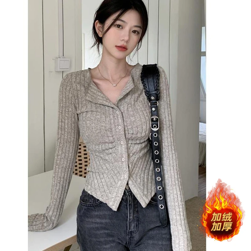 微胖妹妹2025秋冬新款美式纯欲收腰显瘦加绒长袖针织开衫女8055