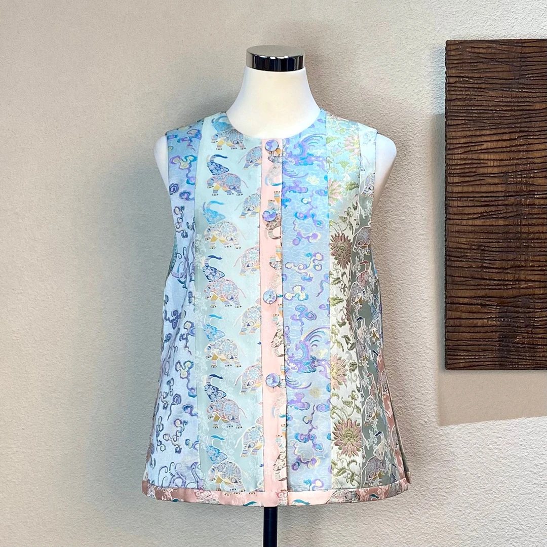 【彩缉】桑蚕丝织金圆领直襟撞色拼接吉祥祥瑞富贵风百搭马夹250745