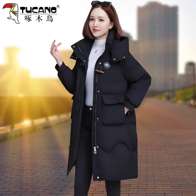 【官方】啄木鸟中长款棉衣女冬季2025新款棉服妈妈加厚保暖连帽外套