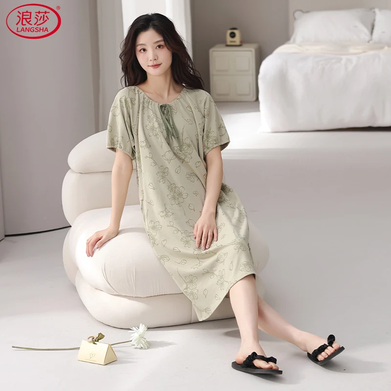 浪莎睡裙女夏季短袖纯棉薄款睡衣2025新款全棉连衣裙中长款家居服