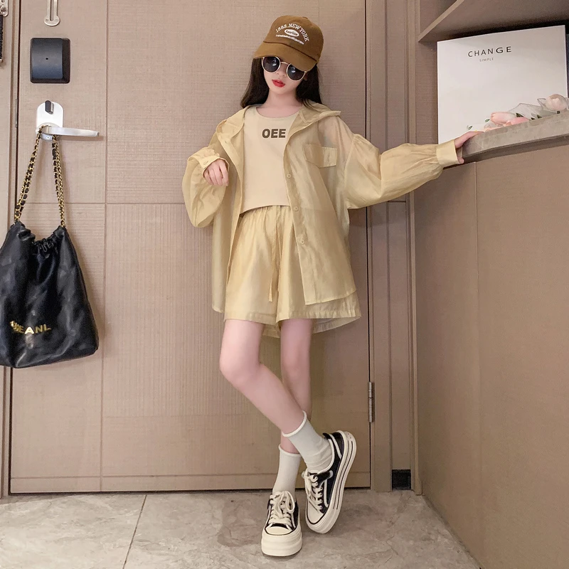 女童套装2025夏季新款儿童洋气防晒衣外套女孩夏季薄款短裤三件套