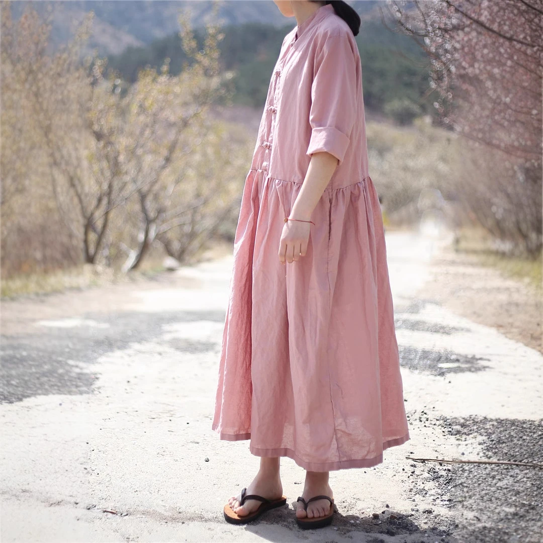 女装中式立领盘扣宽松连衣裙中国风中长款夏季长裙长款复古裙子
