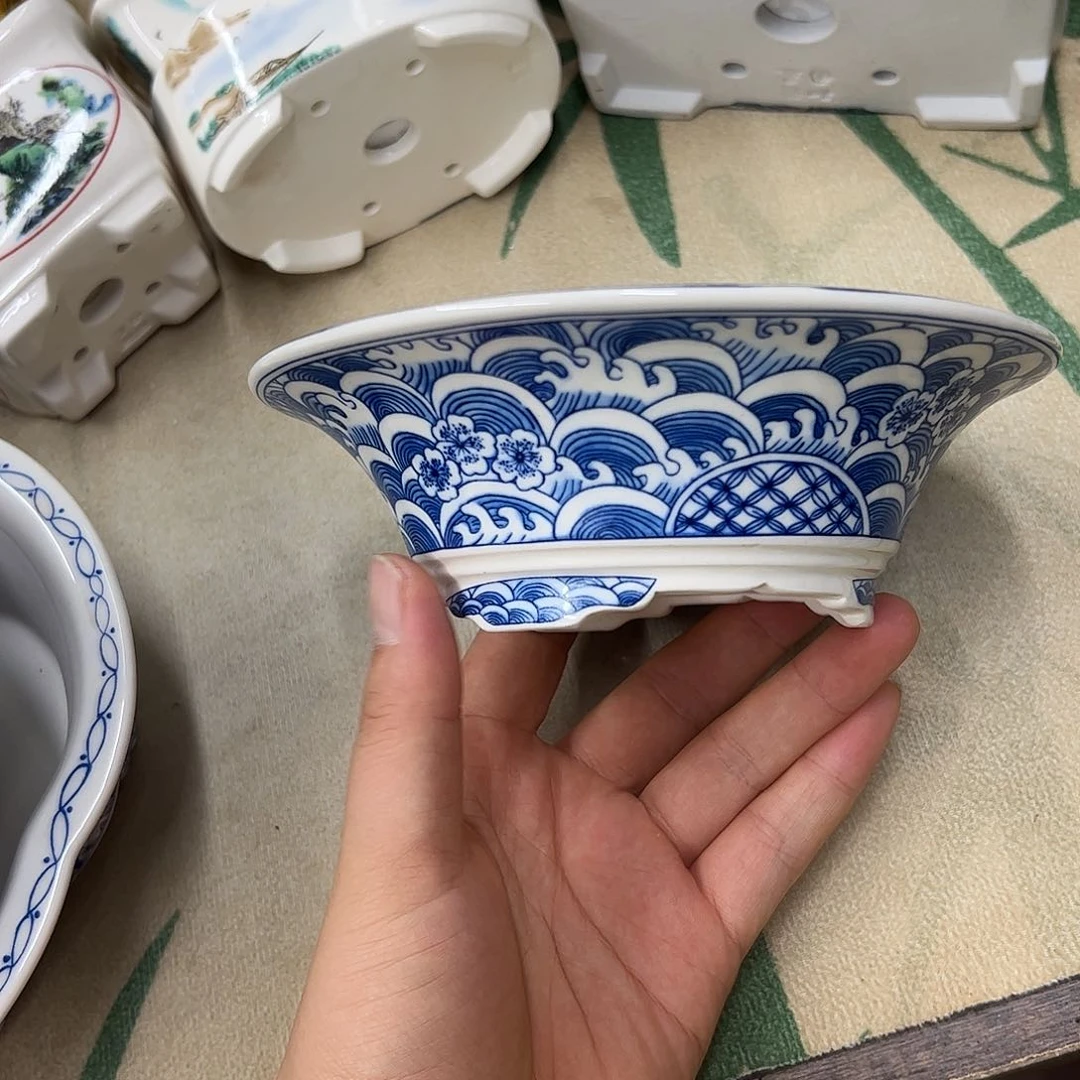 紫砂花盆850号瑕疵15/5cn仿手绘小海浪花纹