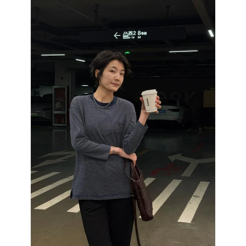 LANGQING 圆领套头秋装宽松打底衫长袖条纹T恤43773#