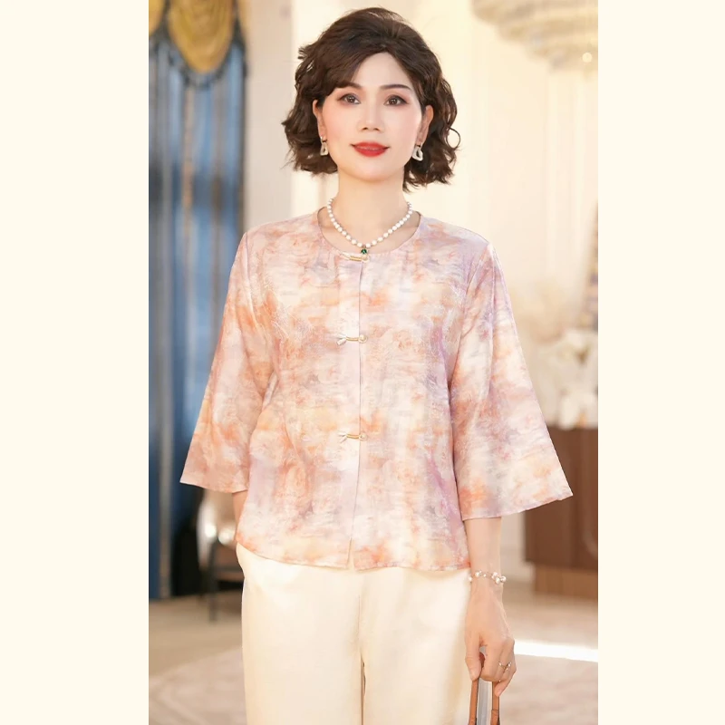 中年妈妈装春夏国风T恤衬衫2025新款洋气上衣中老年女装提花外套