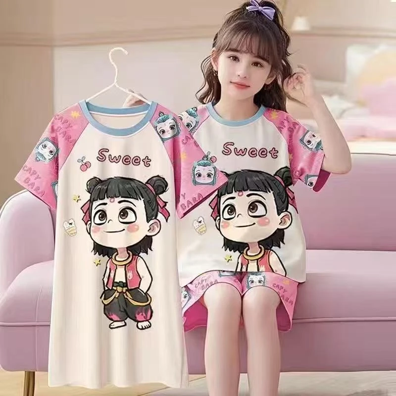 2025新款哪吒女童睡衣薄款夏季短袖卡通儿童套装家居服三件套睡裙
