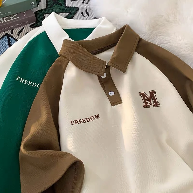 港风撞色学院风插肩短袖POLO衫男女同款夏季情侣百搭T恤衫潮