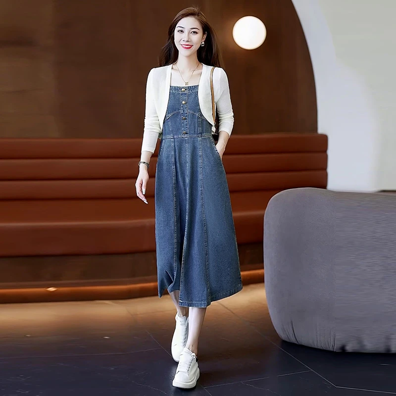 高级感牛仔吊带连衣裙套装裙女2025新款针织衫长裙气质显瘦两件套
