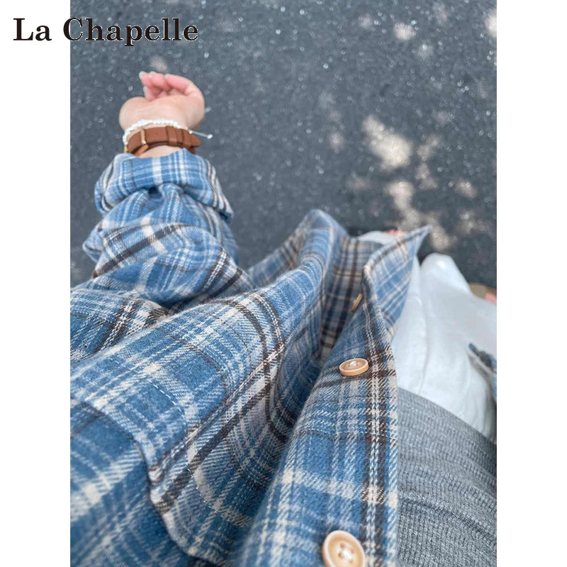 拉夏贝尔蓝色格子长袖衬衫女2025新款秋季小个子小众宽松开衫上衣