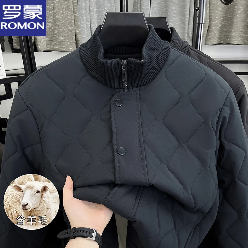 罗蒙2025新款秋冬装羊毛菱格明线棉服立领宽松保暖防寒棉衣外套男