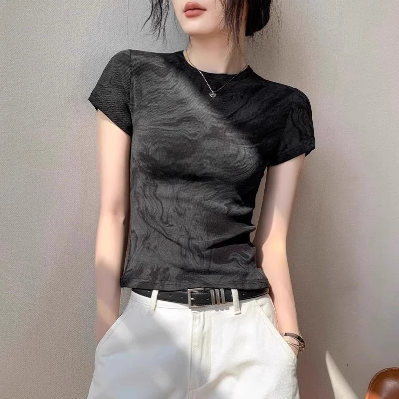 芯娇晴黑色扎染高品质短袖T恤女士夏季新款正肩美式穿搭修身上衣