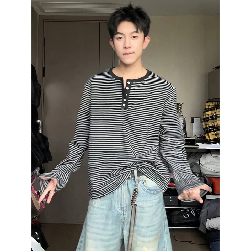 美式复古黑色亨利领长袖t恤男女内搭衫经典条纹纯棉卫衣外套男装