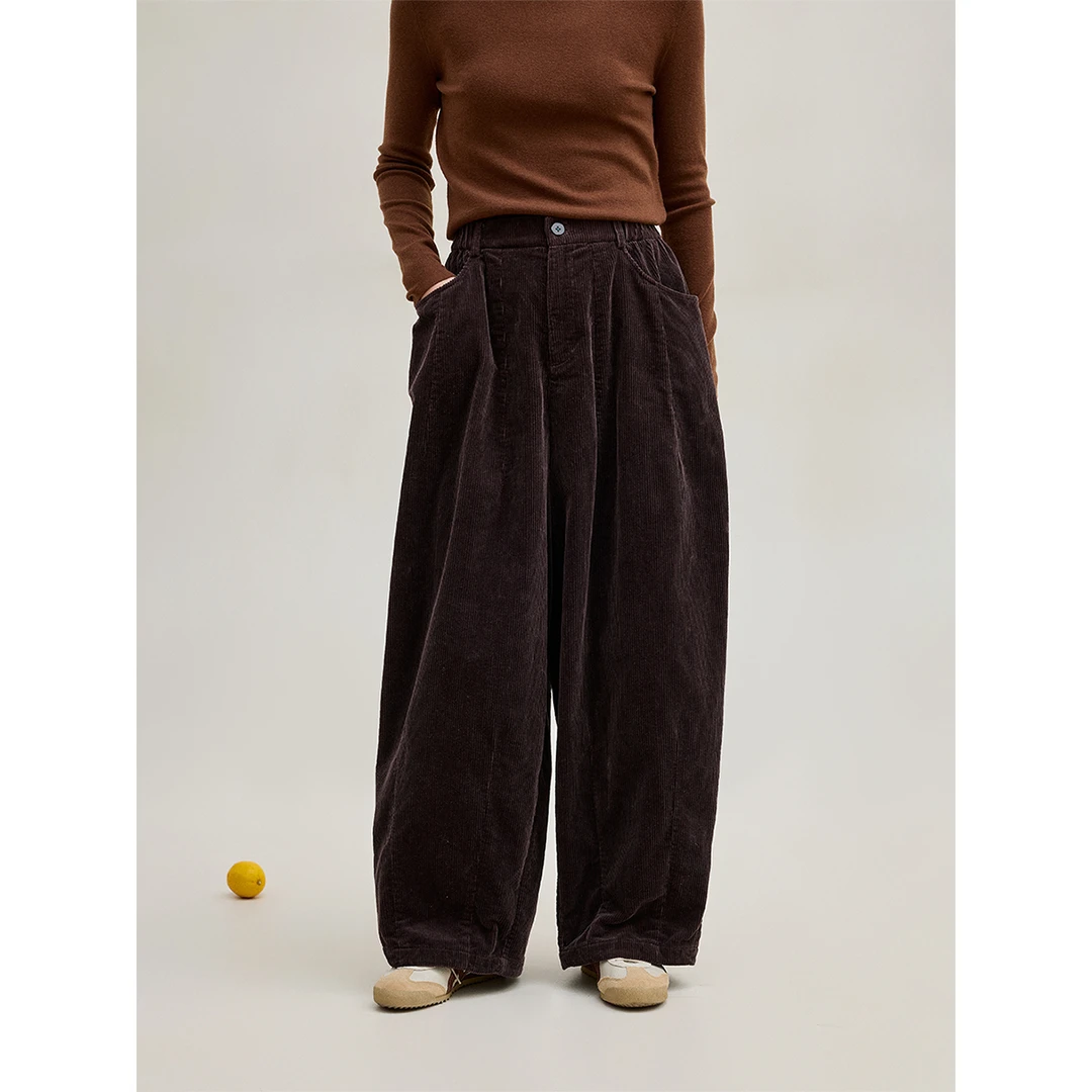 麻霖秋冬新品全棉哑光绒感灯芯绒复古慵懒风宽松微阔腿造型感长裤