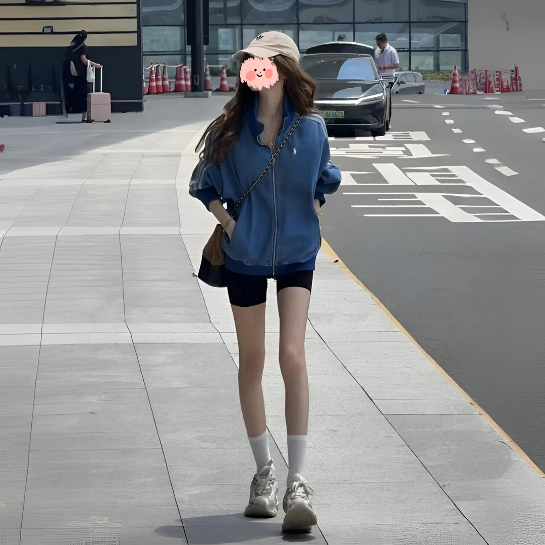 美式复古蓝色牛仔棒球外套女2025早秋新款拉链设计三条杠开衫上衣