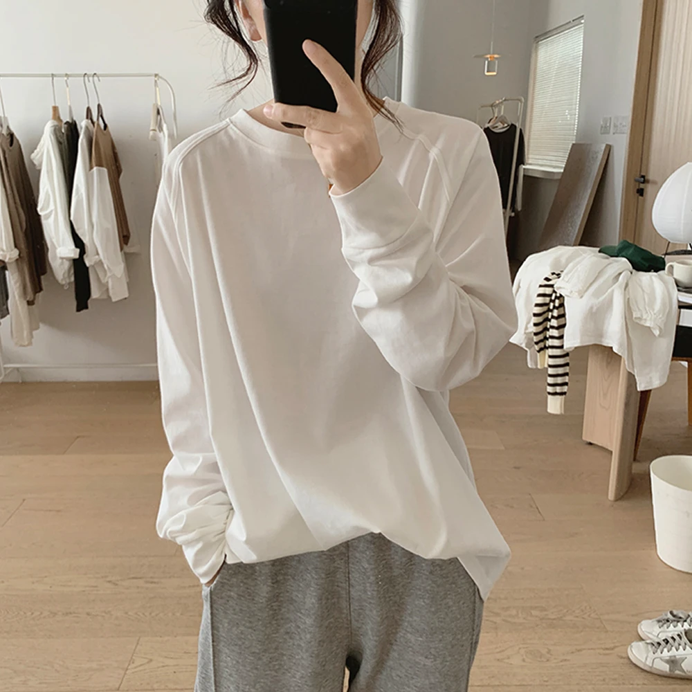 春秋新款棉质t恤女宽松大码显瘦简约韩版圆领长袖减龄插肩袖上衣