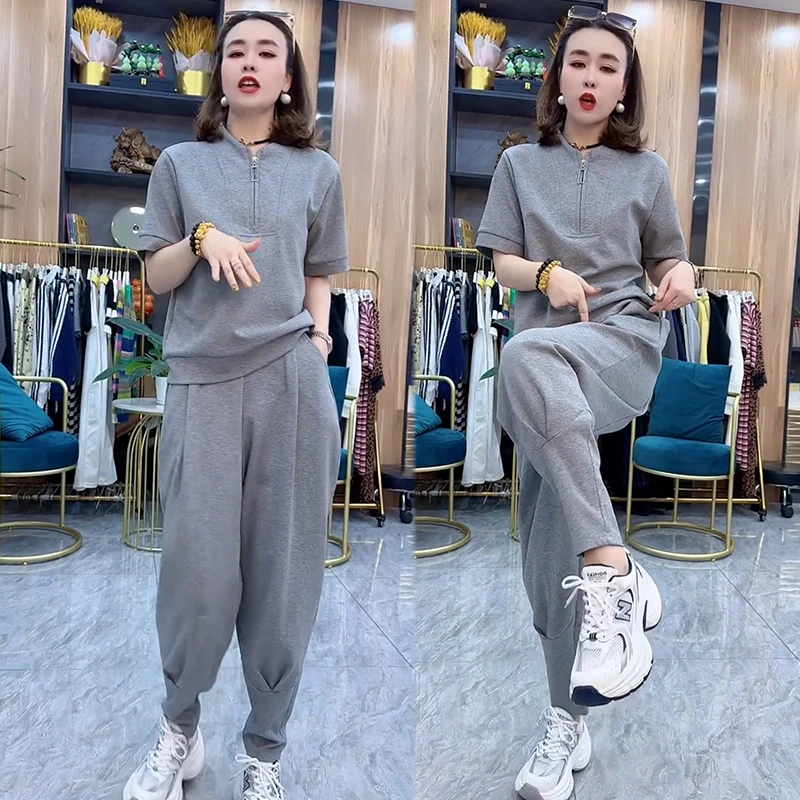 2025春夏季新款时尚显瘦气质网红高档女百搭短袖宽松大码两件套潮