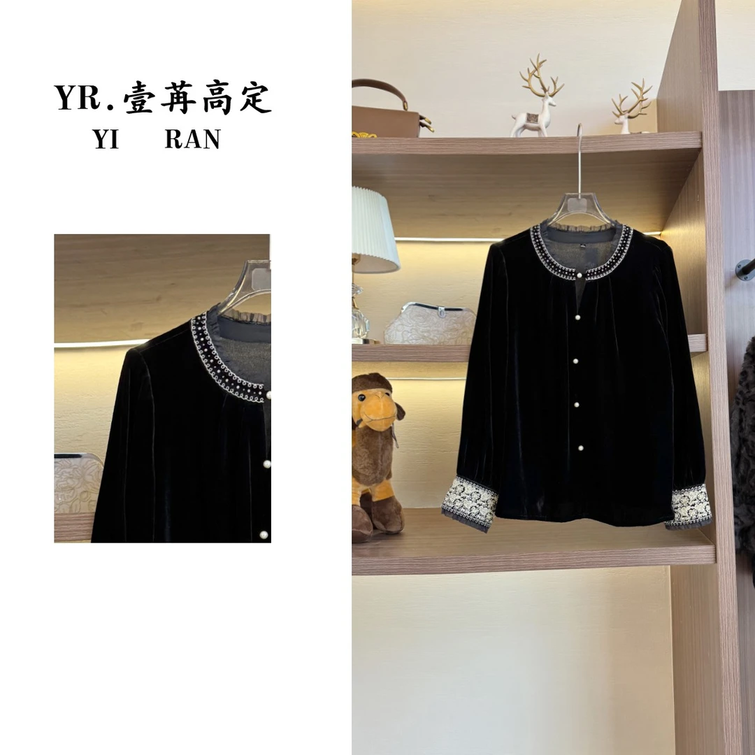 壹苒原创【墨香银绣】中式改良版设计师丝绒气质小衫YC8113