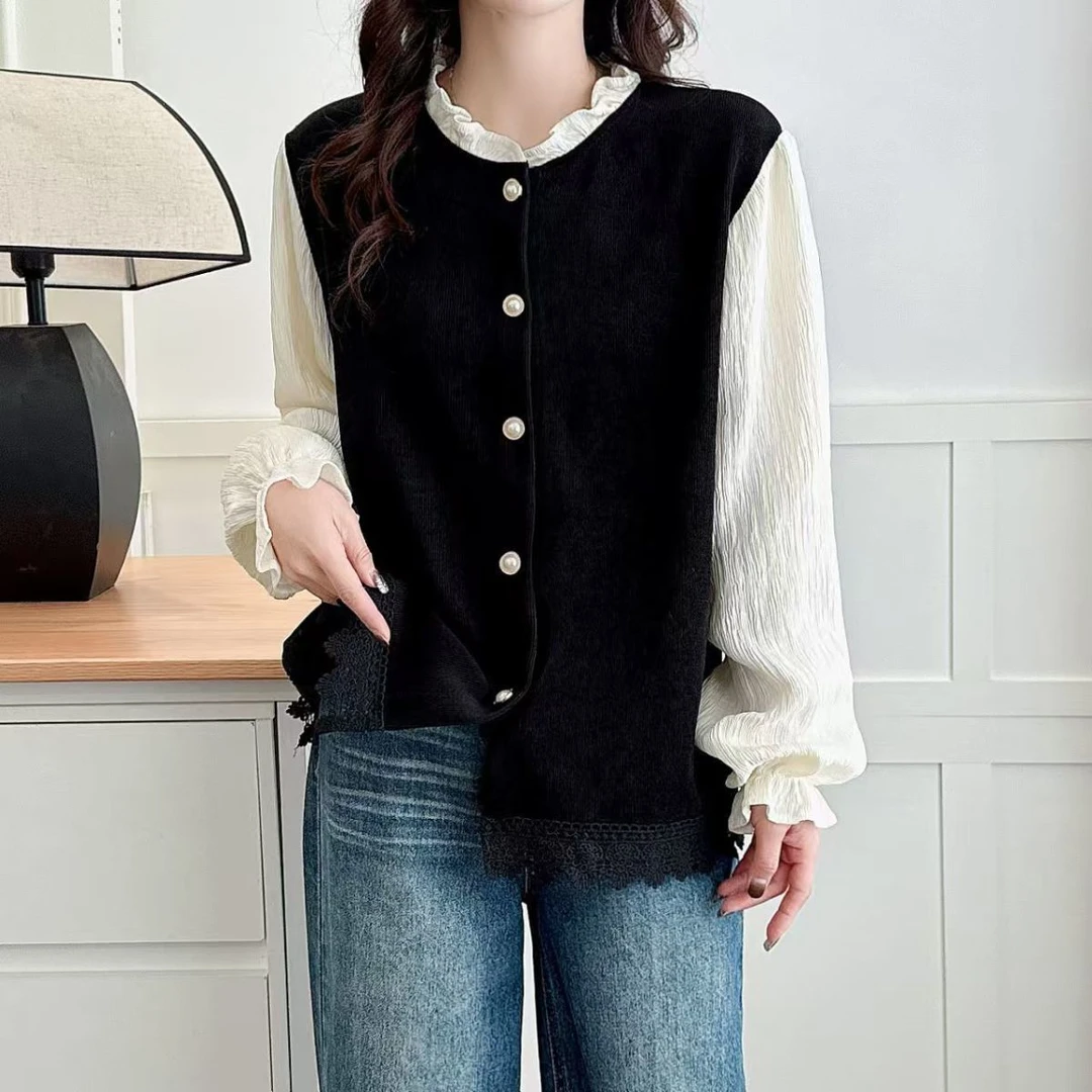 2025春季新款大码女微胖遮肚显瘦法式小香风拼接假两件衬衫上衣