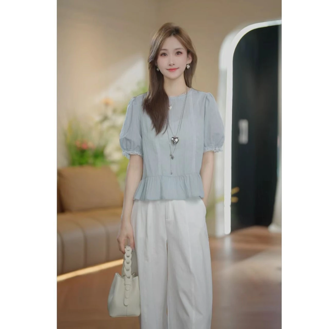 法式短袖圆领感棉布上衣女2025夏季新款休闲宽松绝美漂亮小衫