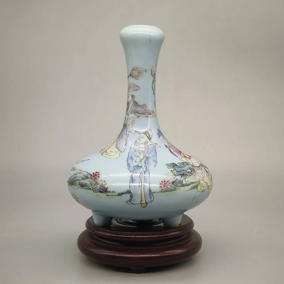 42507033*晚清天蓝釉粉彩八仙人物蒜头瓶/瓷器四/J