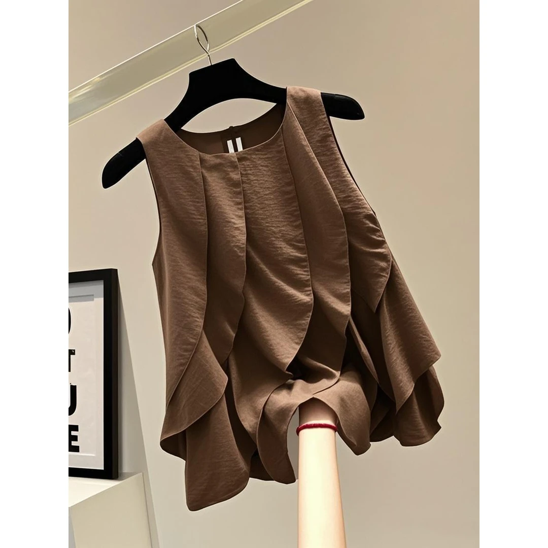 大码女装荷叶边拼接圆领套头衬衫夏季韩版宽松显瘦纯色休闲背心潮