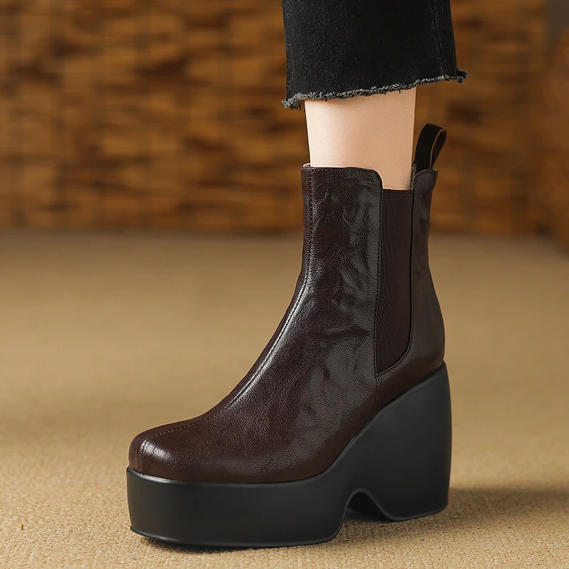 10cm舒适松糕厚底坡跟短靴女2025新款真皮高跟切尔西靴显瘦马丁靴