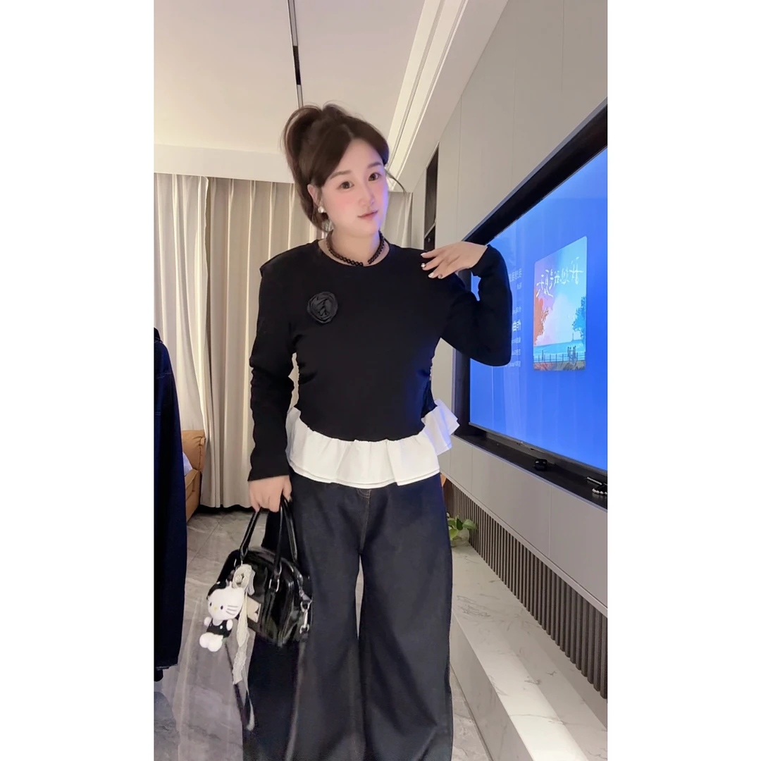 「小吴家」2025秋季新款胖mm韩版宽松显瘦百搭圆领长袖打底衫女上衣