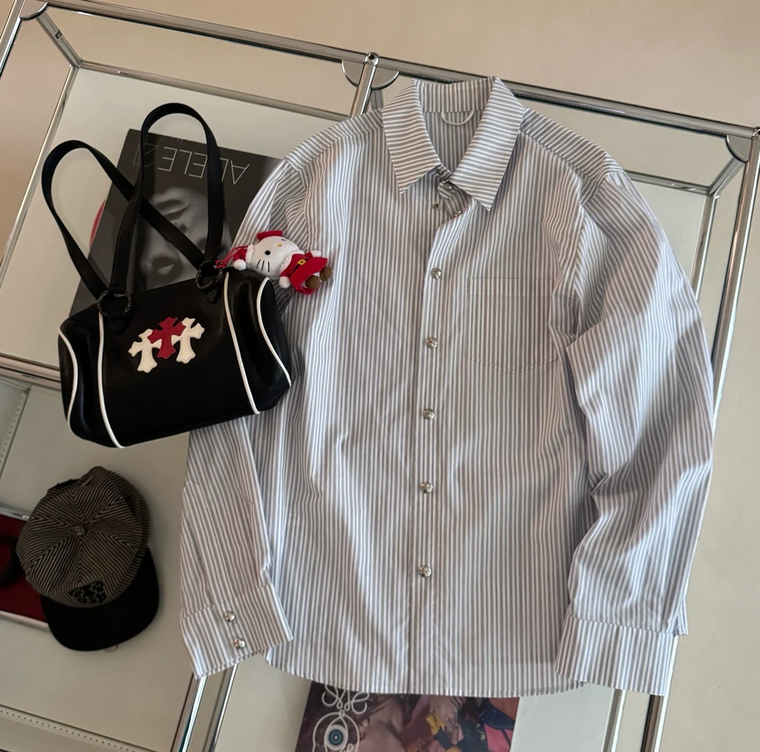 【米果精选】2025新款复古条纹秋季宽松百搭休闲女士衬衫