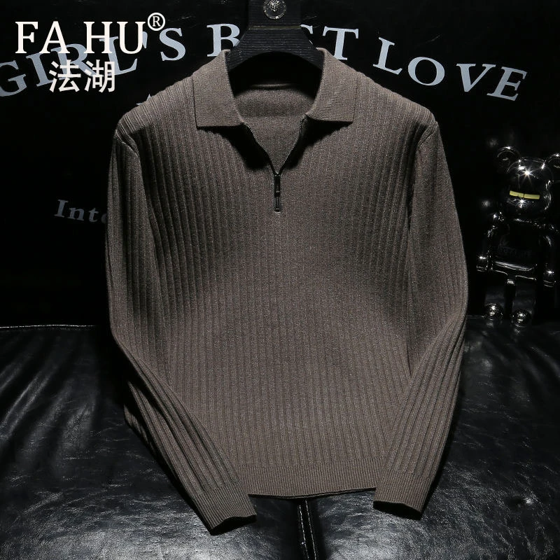 【拉链羊毛款】条纹时尚休闲羊毛针织衫男百搭上衣纯色翻领毛衣