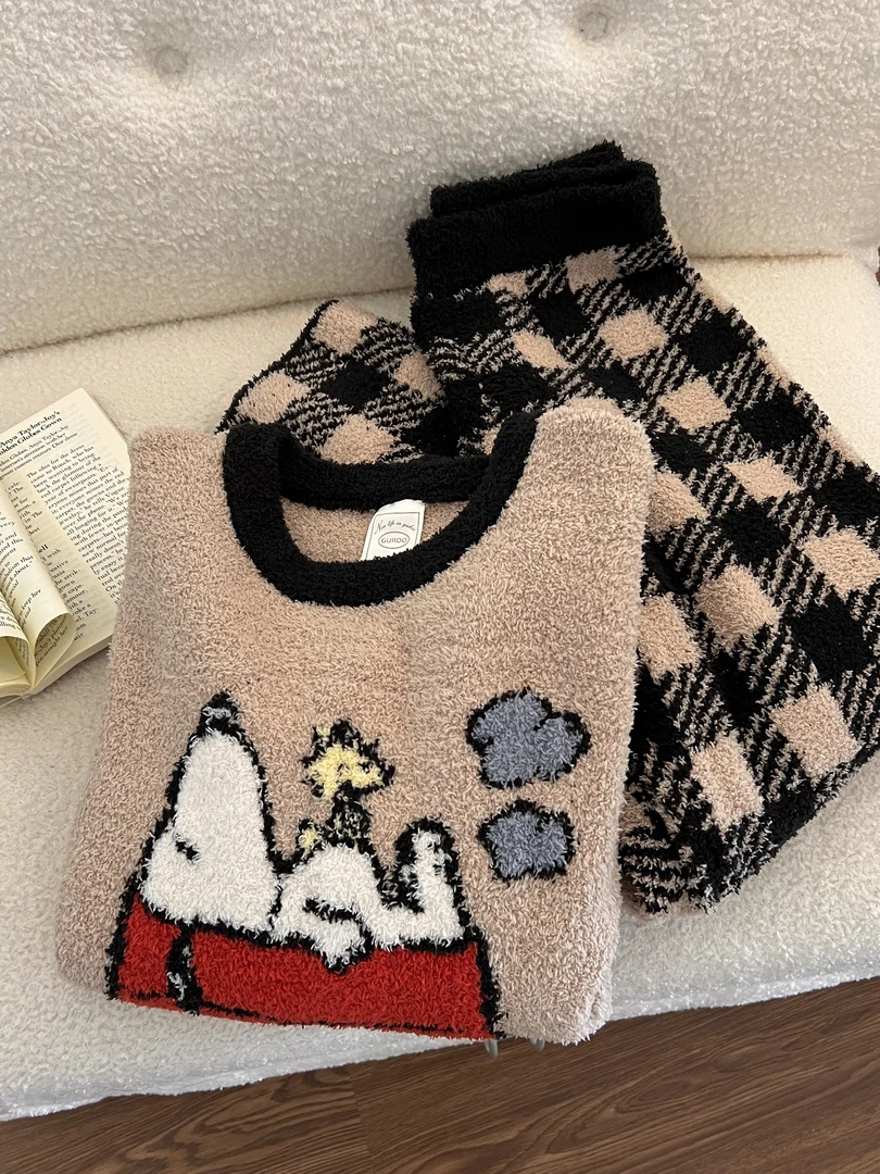 韩版时尚高级撞色毛衣半边绒睡衣女款秋冬新款宽松家居服套装外穿