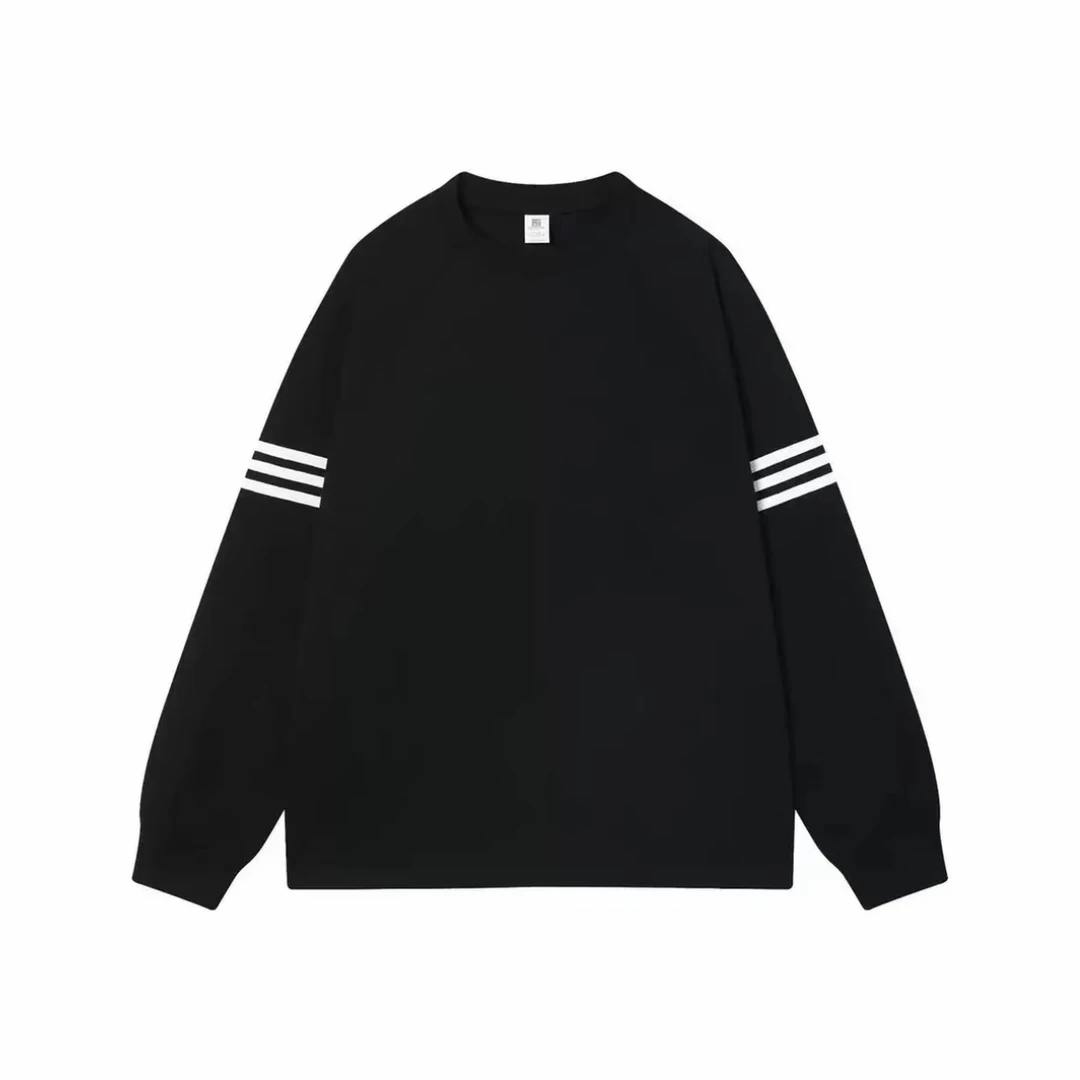 美式重磅纯棉圆领长袖男女拼接三条杆宽松休闲打底T恤-004