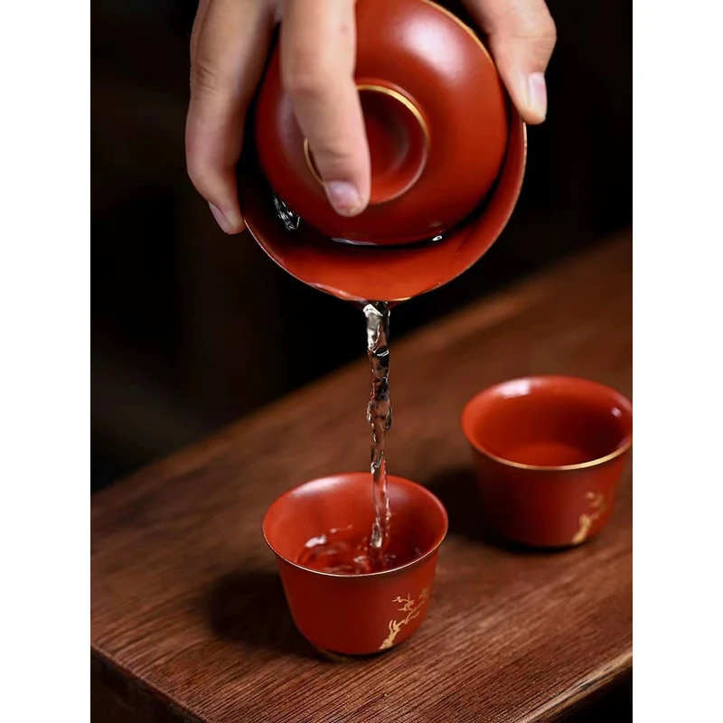 朱泥紫砂梅花盖碗+2杯@@3810