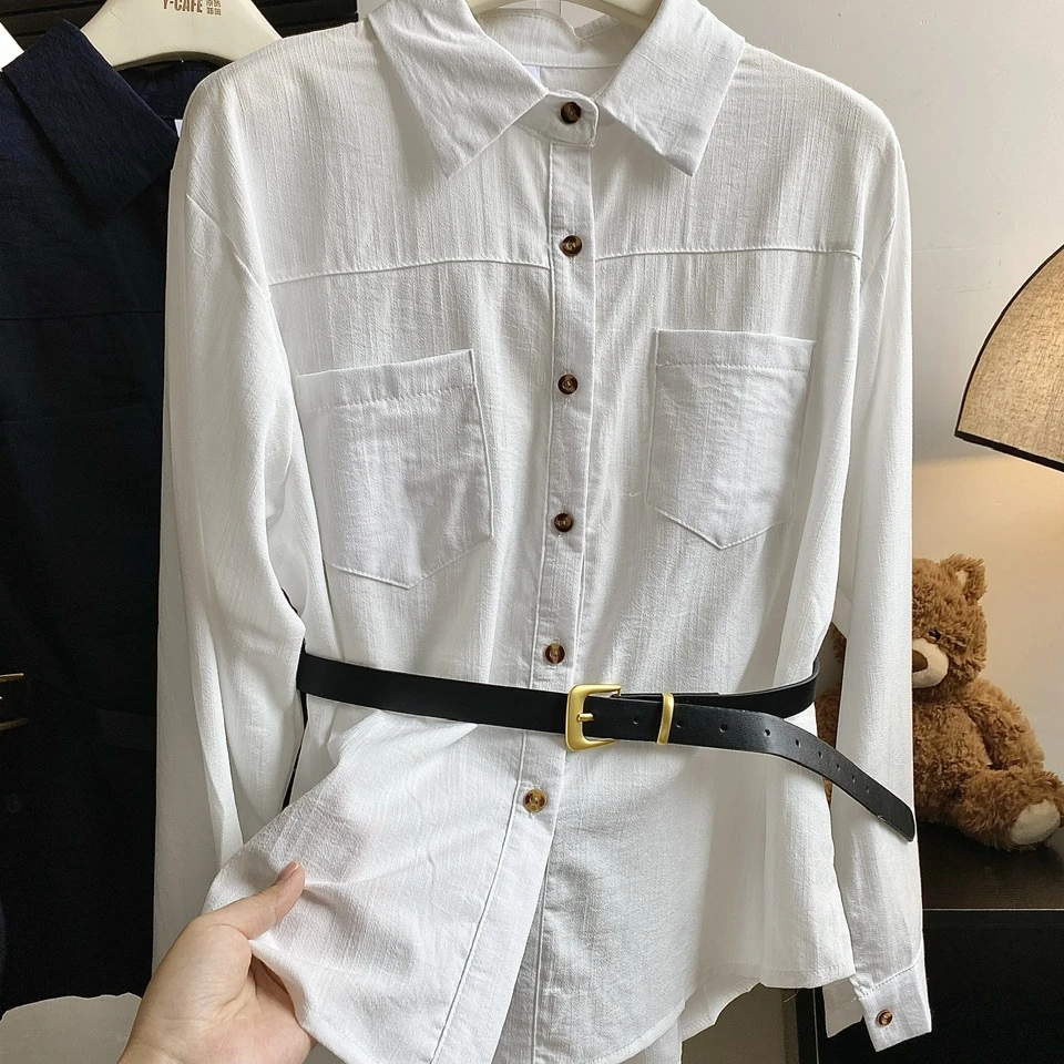 韩系POLO领小衫女秋款chic上衣白色小香风无袖衬衫遮肚子修身显瘦