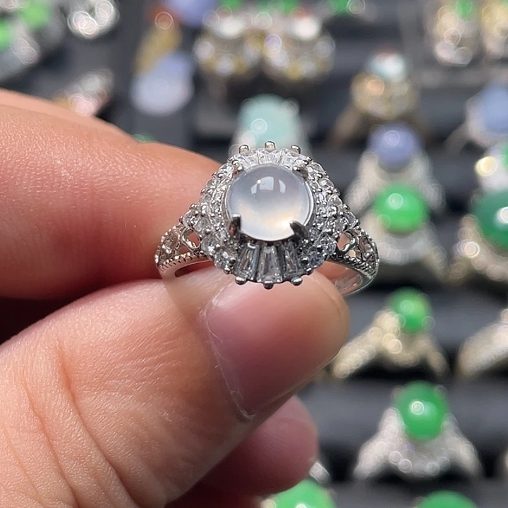 翡翠裸石白冰戒指S925银镶