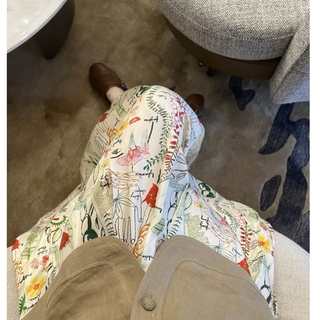 FAR ZOOM  植物彩绘印花松紧腰A字百褶半身裙