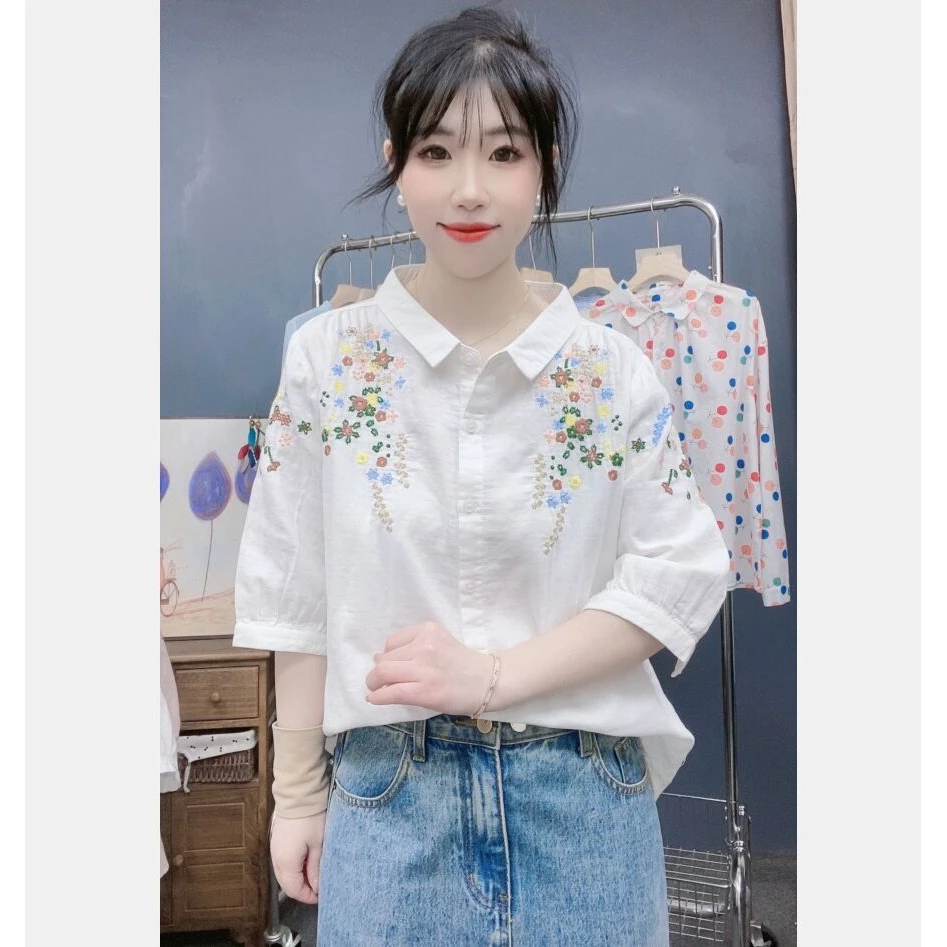 文艺刺绣白色衬衫上衣女宽松中袖夏季纯棉衬衣百搭甜美小清新